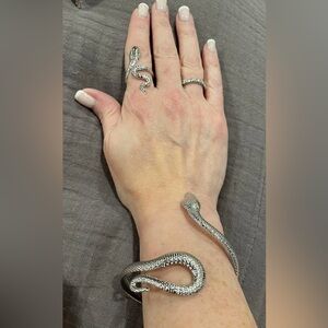 NEW Silver Tone (2 piece set) Snake Serpent Wrap Bracelet & Ring Set- Adjustable